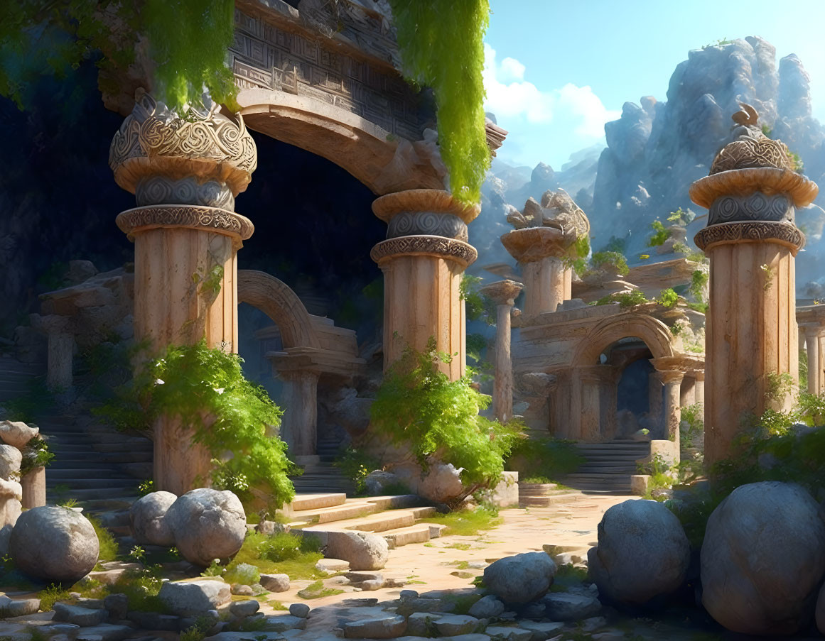 Ornate columns and arches in ancient ruins amidst lush greenery and rugged mountains