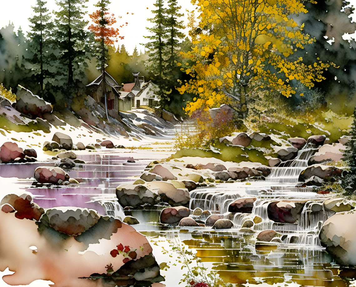 Tranquil Watercolor: Cottage by Waterfall in Autumn