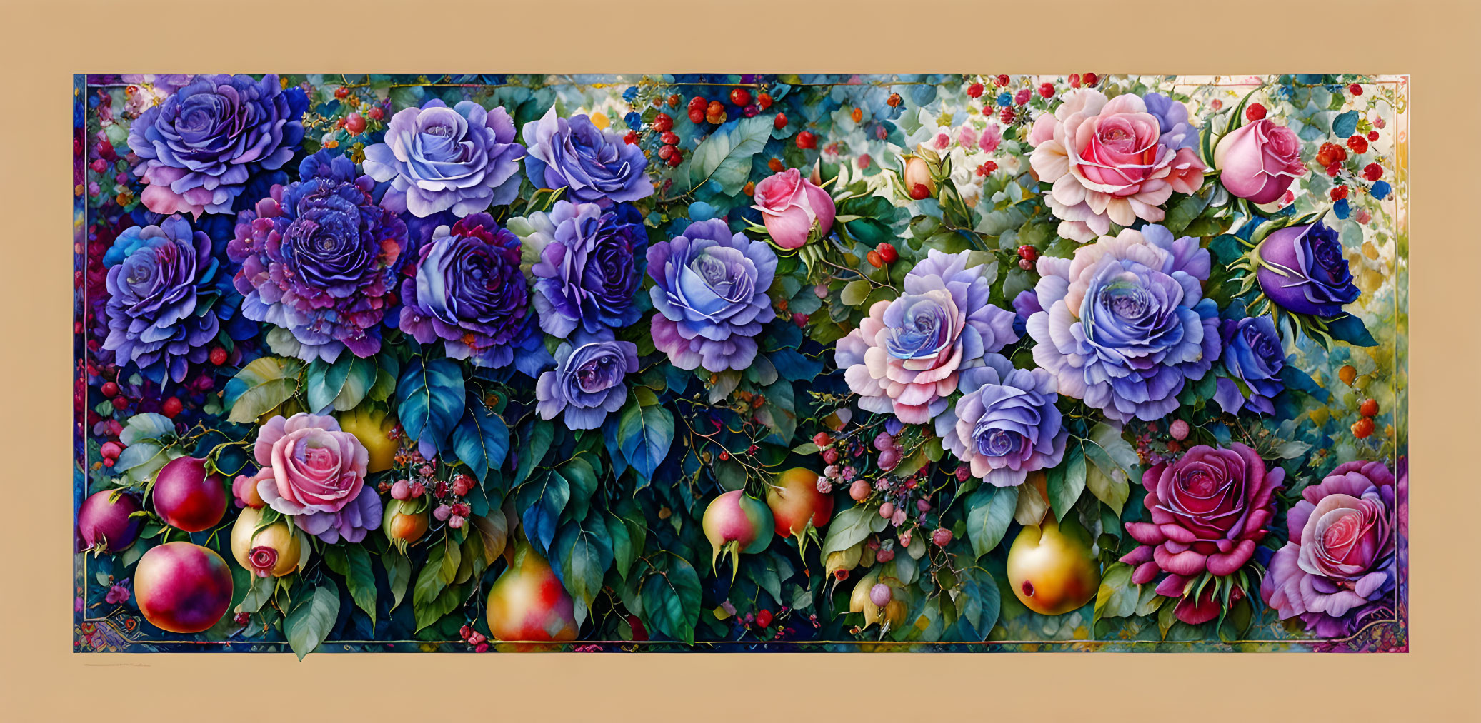 Colorful Floral Painting with Roses, Fruits, and Foliage