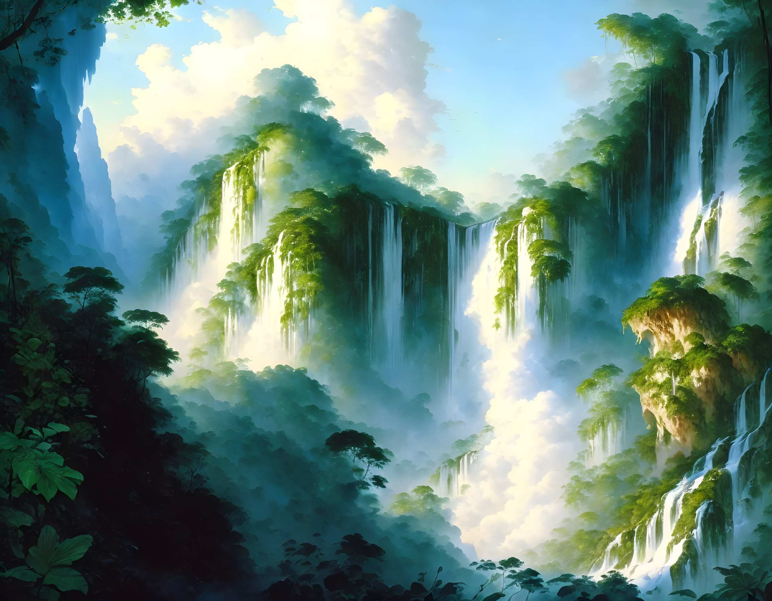 Lush Jungle with Cascading Waterfalls in Blue Sky