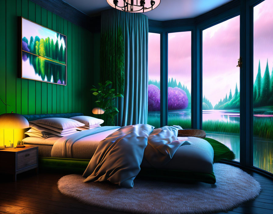 Spacious bedroom with green walls and serene lake view