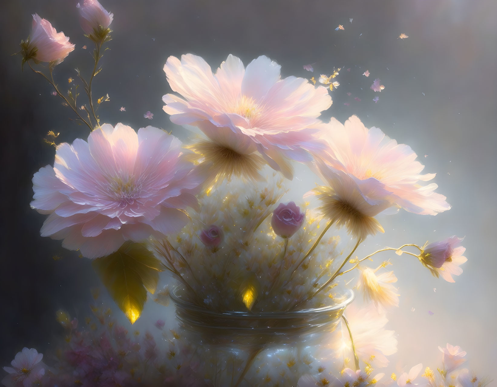 Translucent vase with delicate pale pink flowers in soft-lit setting