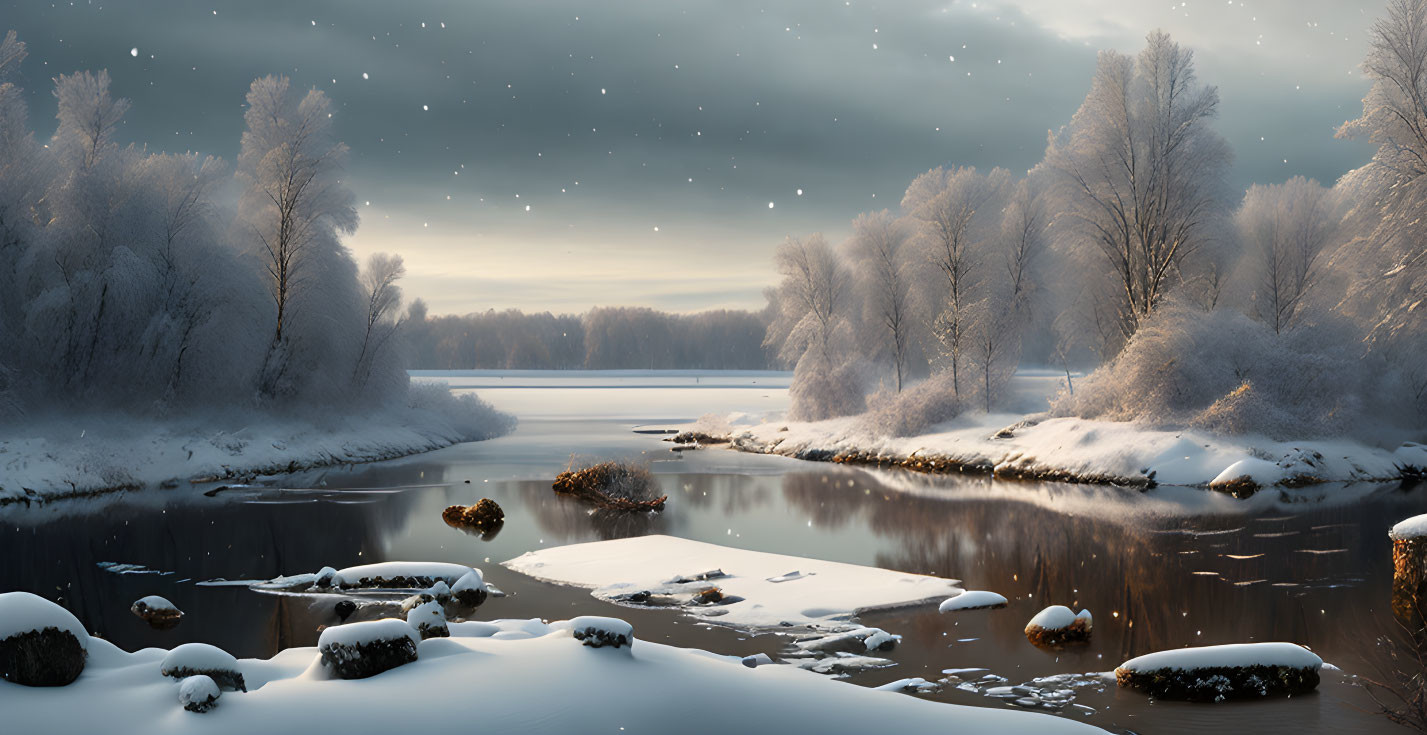 Snow-covered trees, calm river, rocks, gentle snowfall in serene winter scene