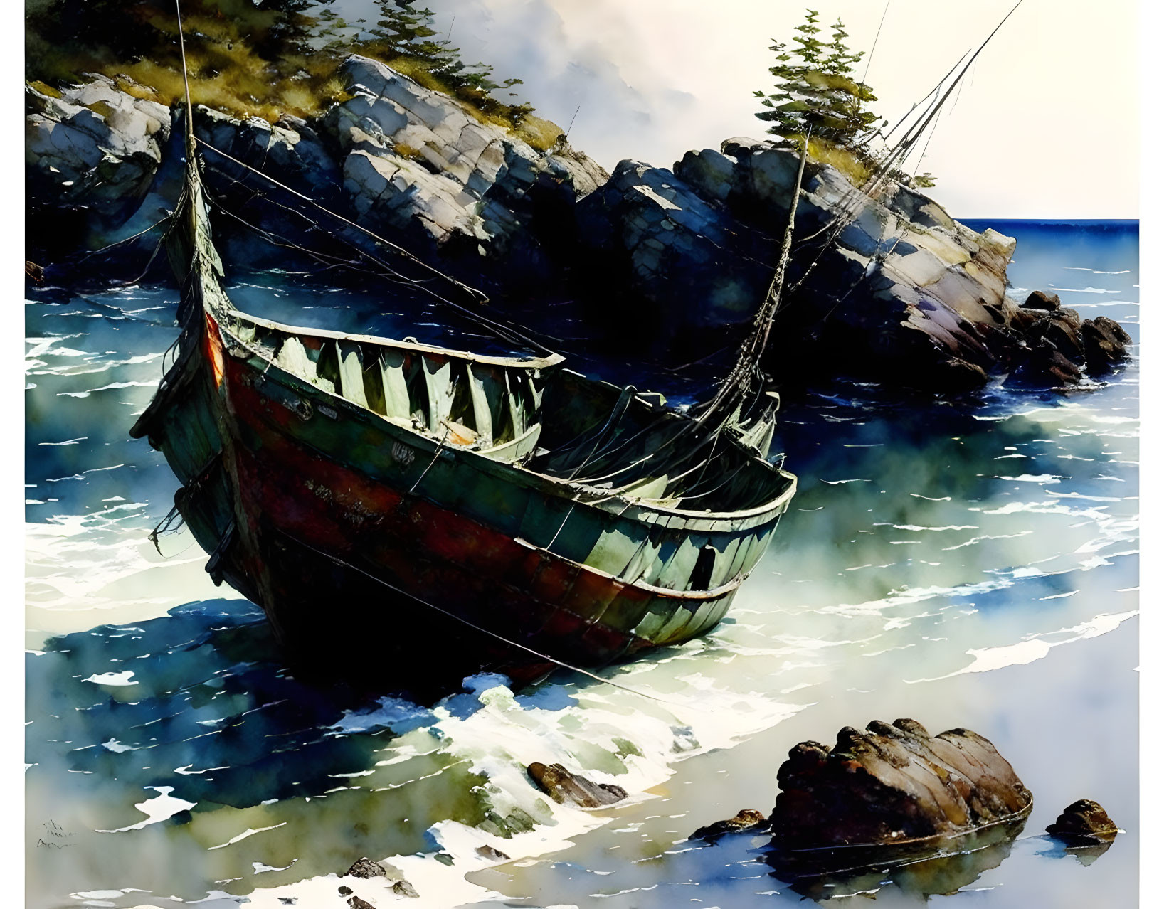 Weathered wooden boat with torn sails on rocky shore in ocean waves under clear blue sky