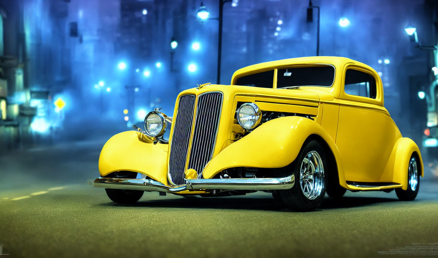 Vintage Yellow Car with Chrome Details Parked on Illuminated Night Street