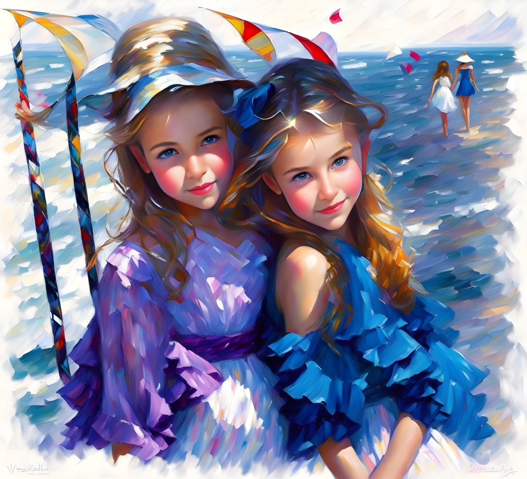 Smiling girls in blue dresses with ribbons by the sea