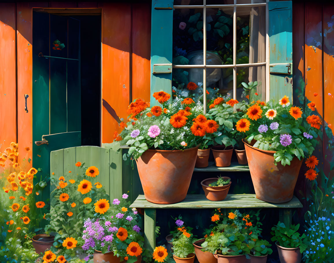 Vibrant flowers in terracotta pots on wooden shelf by open green shutters