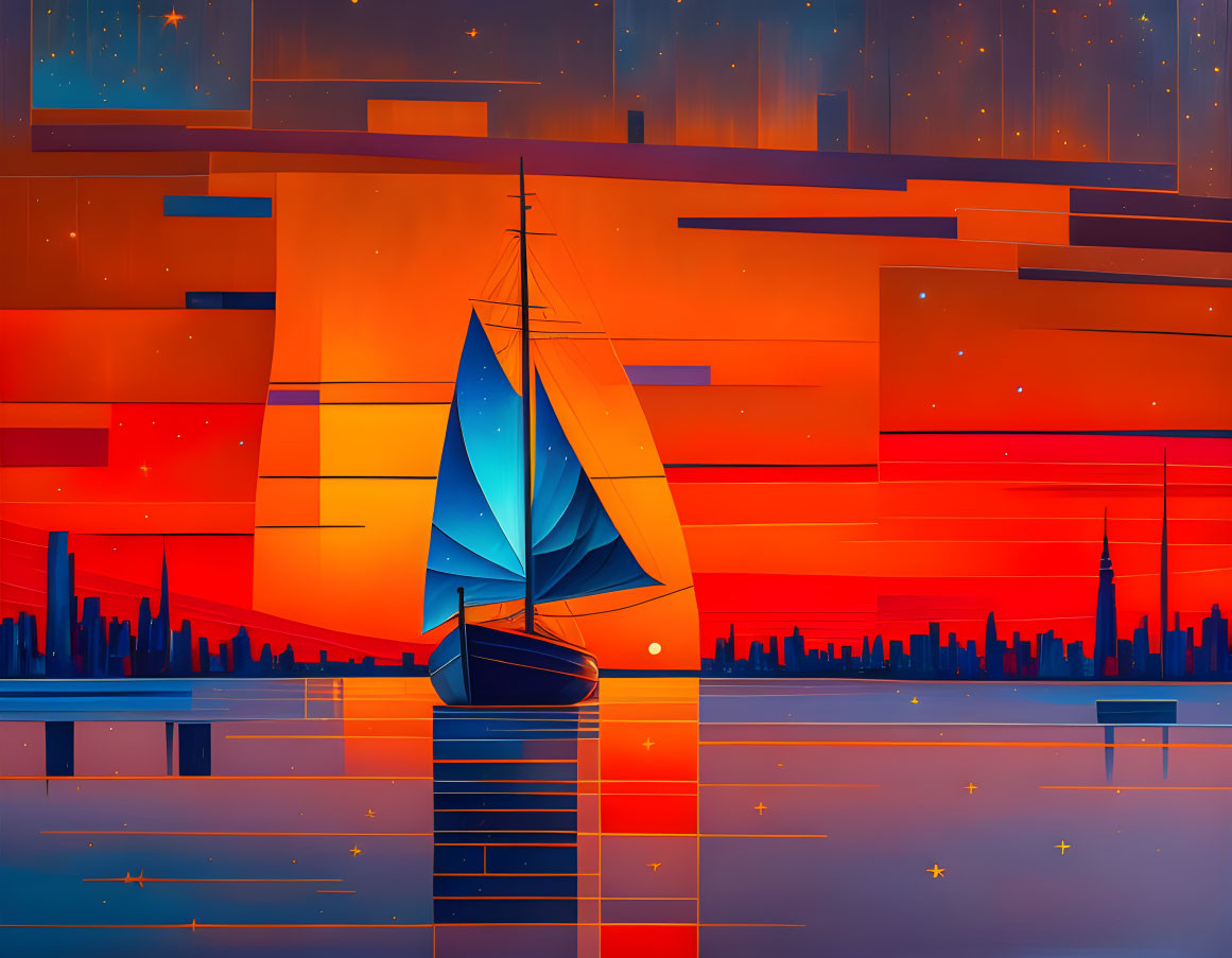 Sailboat illustration on calm waters at sunset with city skyline.