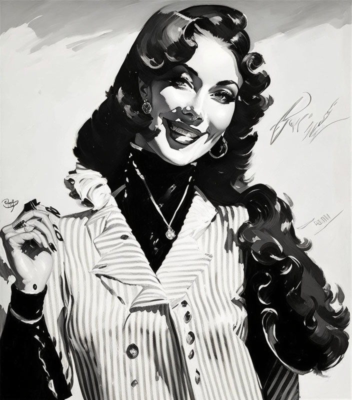 Monochrome portrait of a smiling woman with vintage hairstyle and cigarette