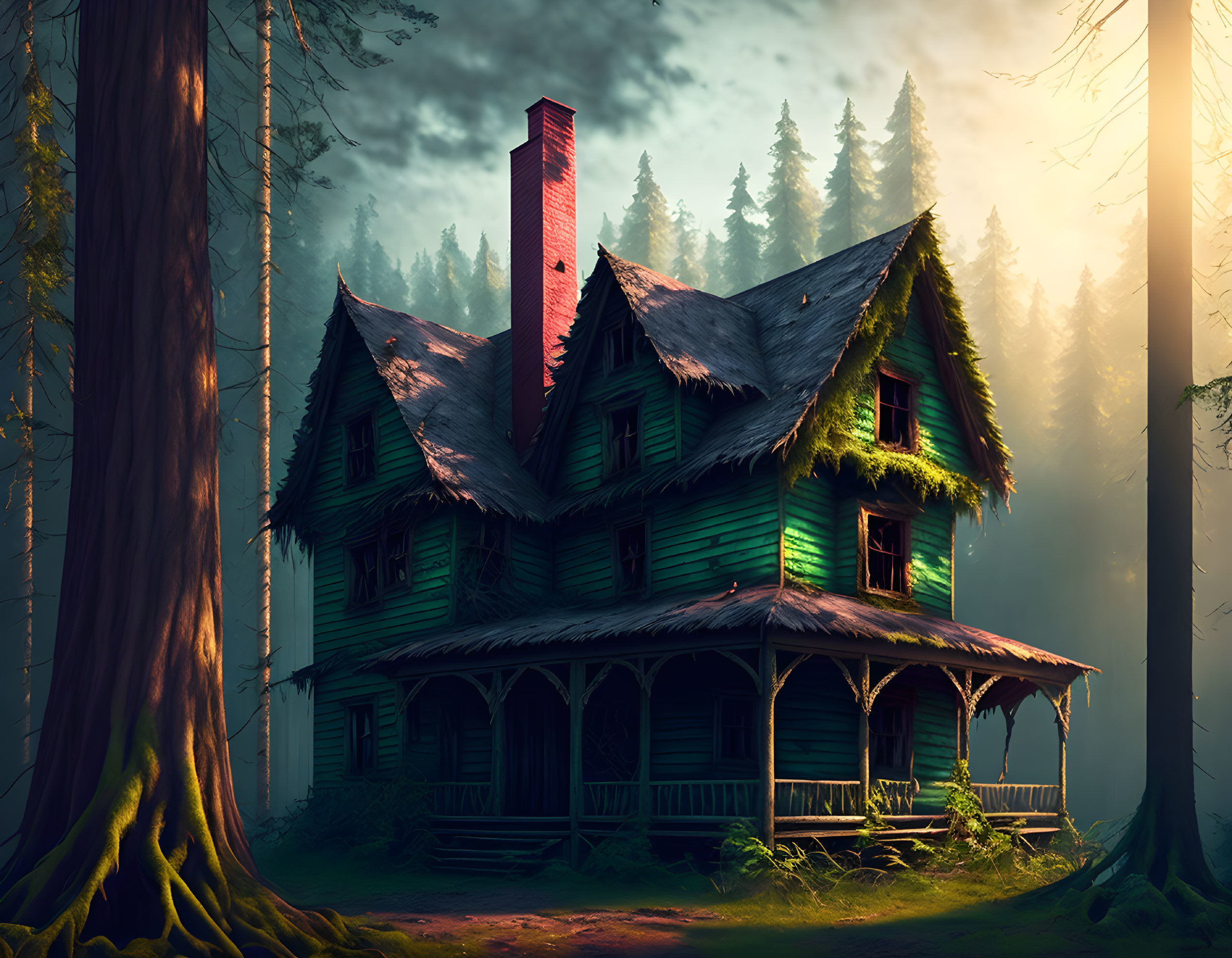 Eerie green wooden house with red chimney in misty forest