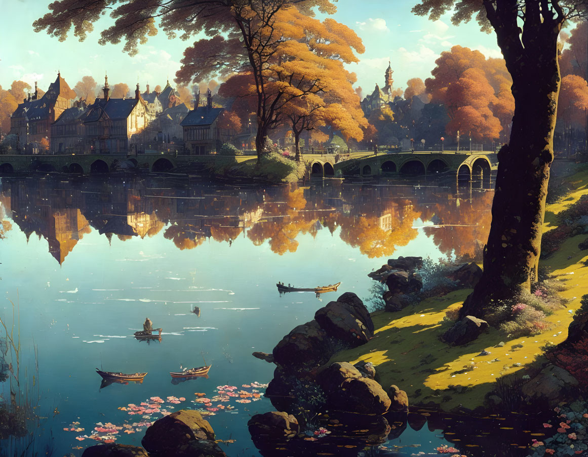 Tranquil autumn lake with houses, stone bridge, golden trees, and rowing boats