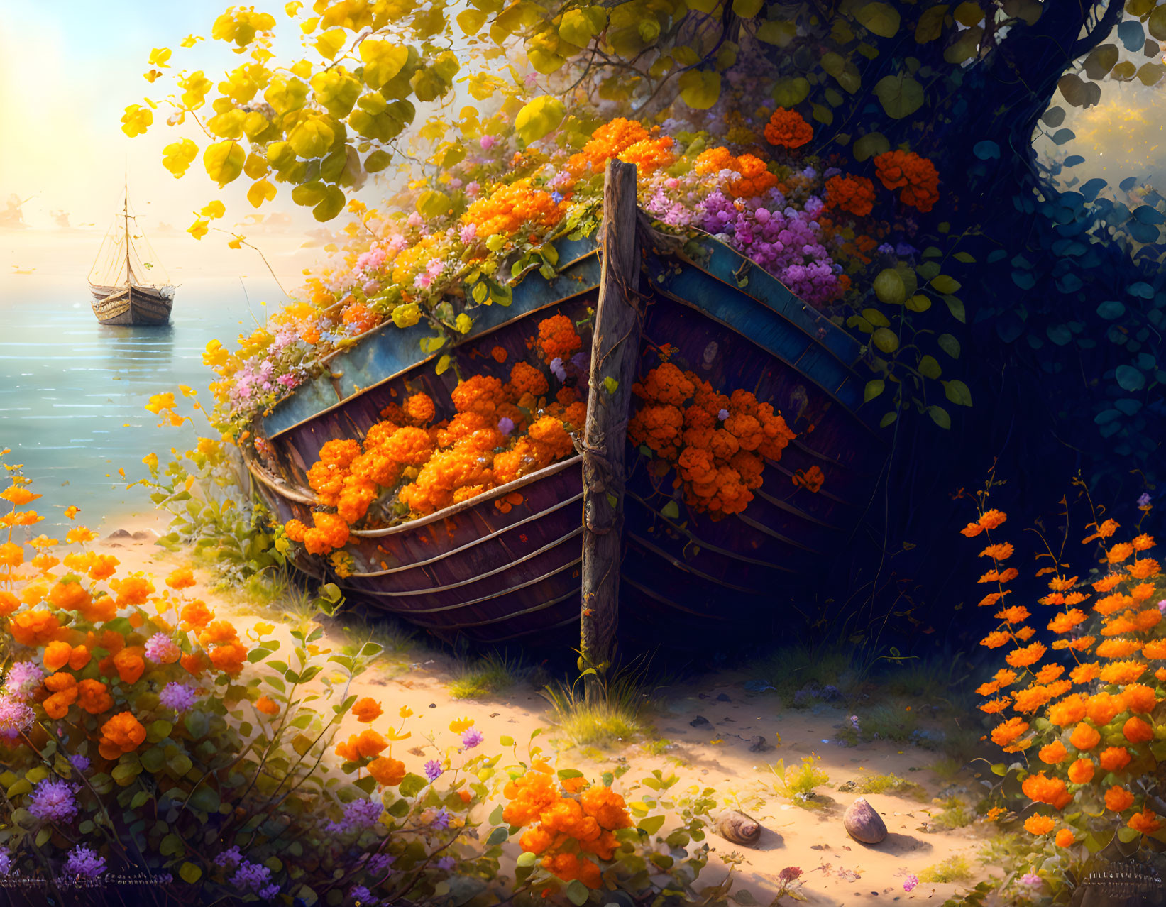 Tranquil riverbank with old wooden boat and colorful flowers