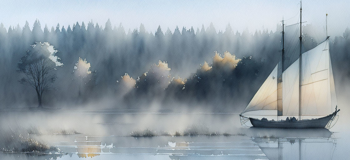 Tranquil watercolor painting of sailboat on misty lake