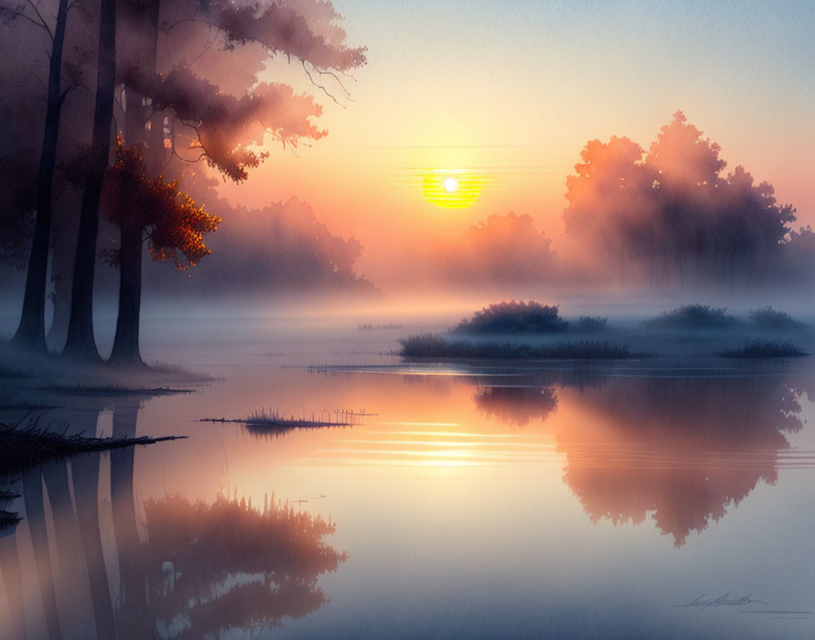 Tranquil sunrise over misty lake with tree silhouettes reflected in calm water