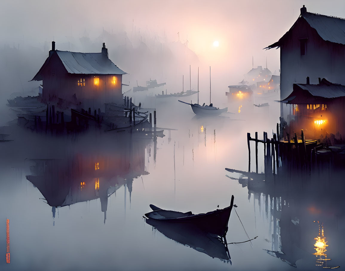 Tranquil waterfront with stilt houses, boat, and glowing windows at sunrise or sunset