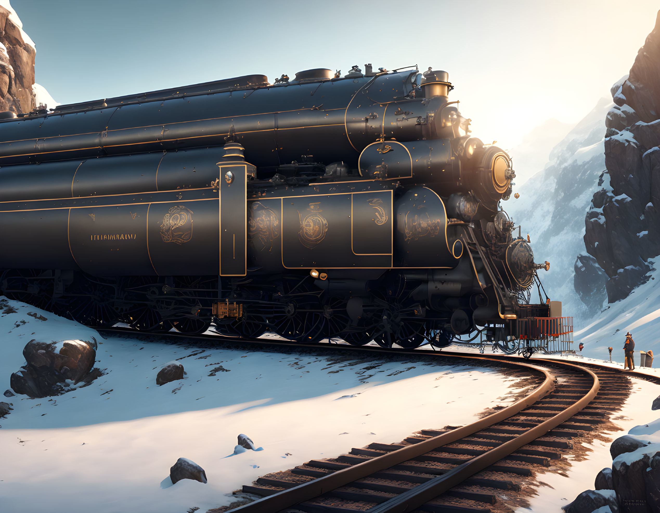 Snowy Mountain Scene: Vintage Steam Locomotive and People on Clear Day