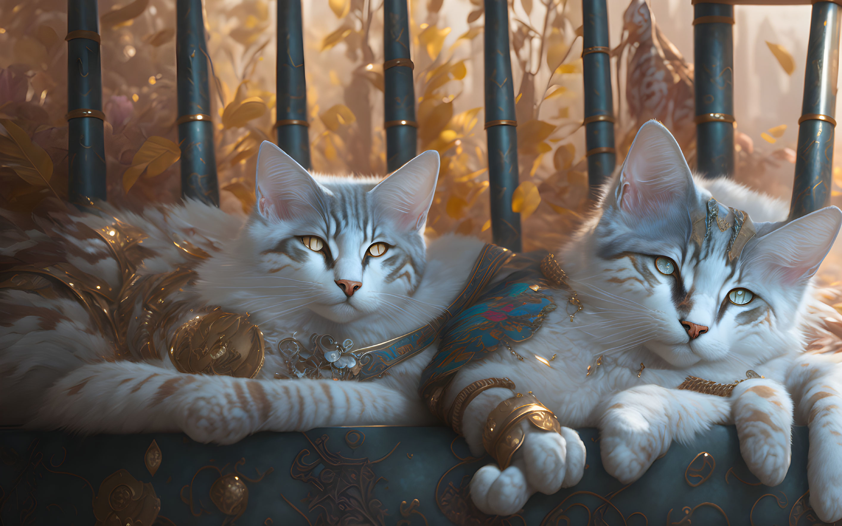 Regal Cats with Gold Jewelry in Ornate Bamboo Setting