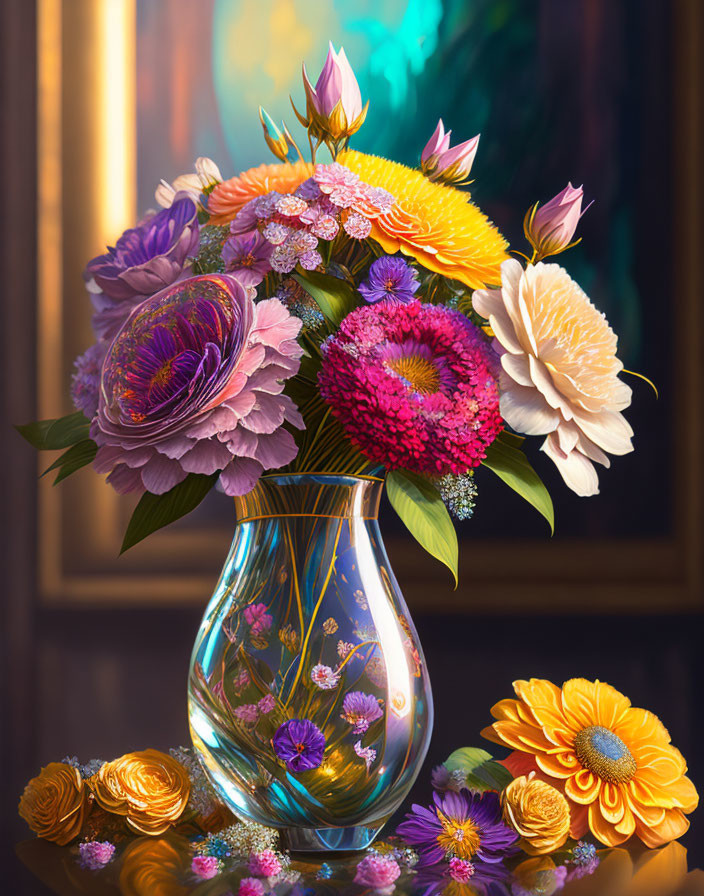 Colorful bouquet of roses and lilies in decorative vase