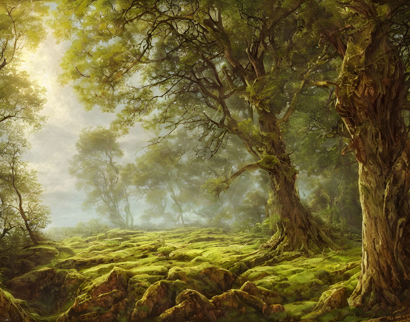 Misty forest scene with ancient, moss-covered trees under soft glowing light