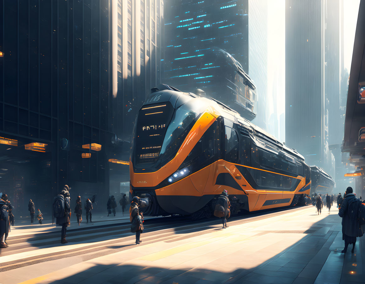 Futuristic train at busy sunlit station with orange and black color scheme