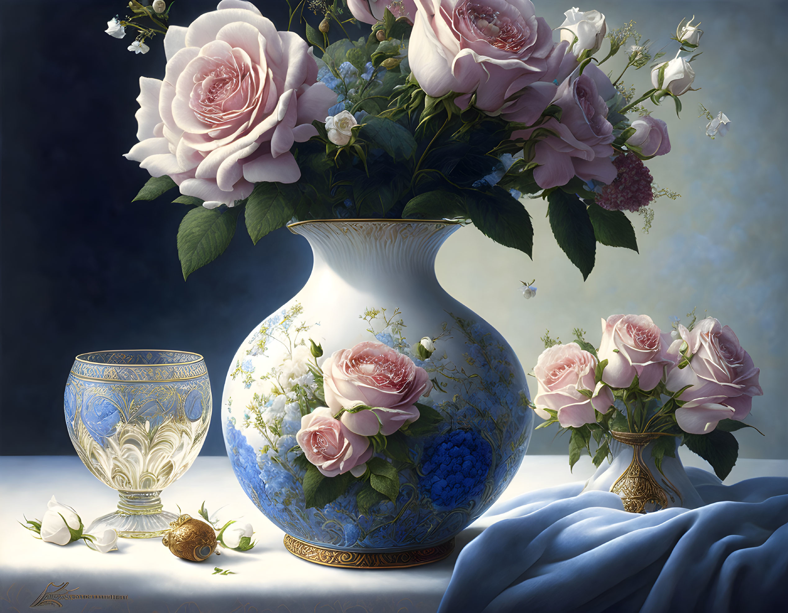 Pink roses in blue vase with goblet and petals on blue fabric