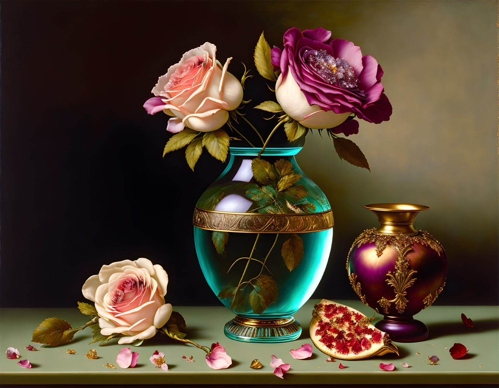 Teal vase with roses, pomegranate, and ornate jar in still life.