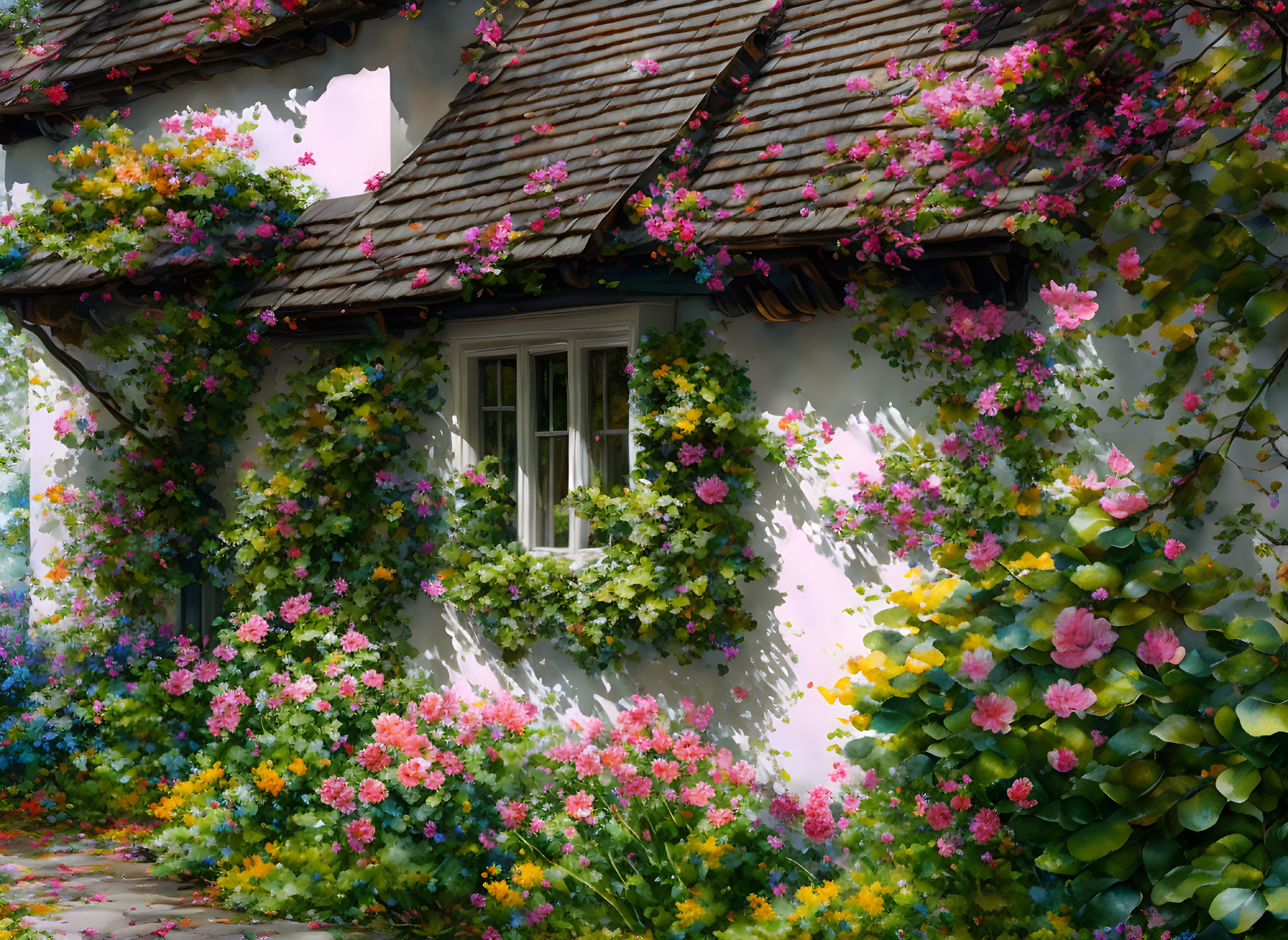 Thatched roof cottage with colorful garden blooms