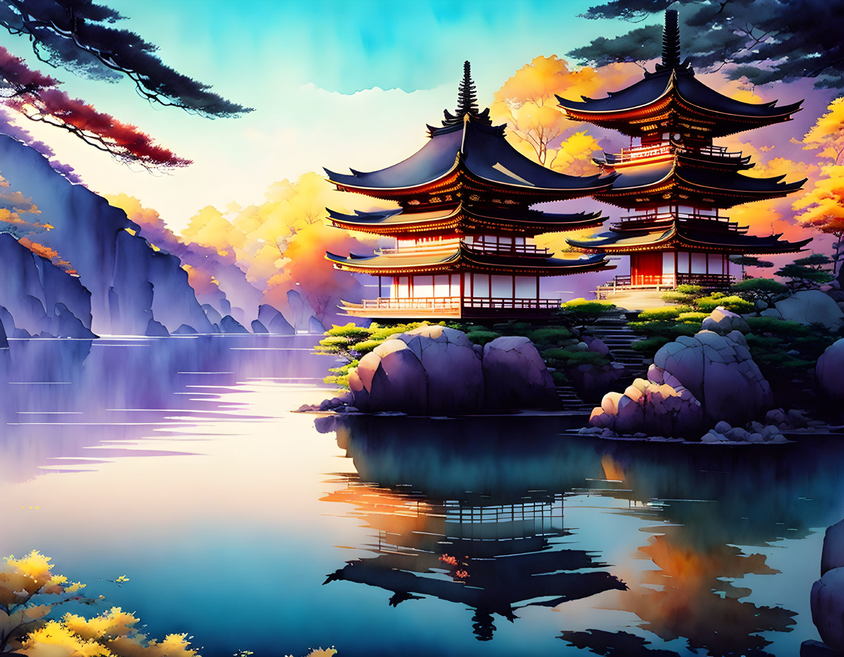 Traditional Japanese Pagoda Illustration by Serene Lake at Sunset