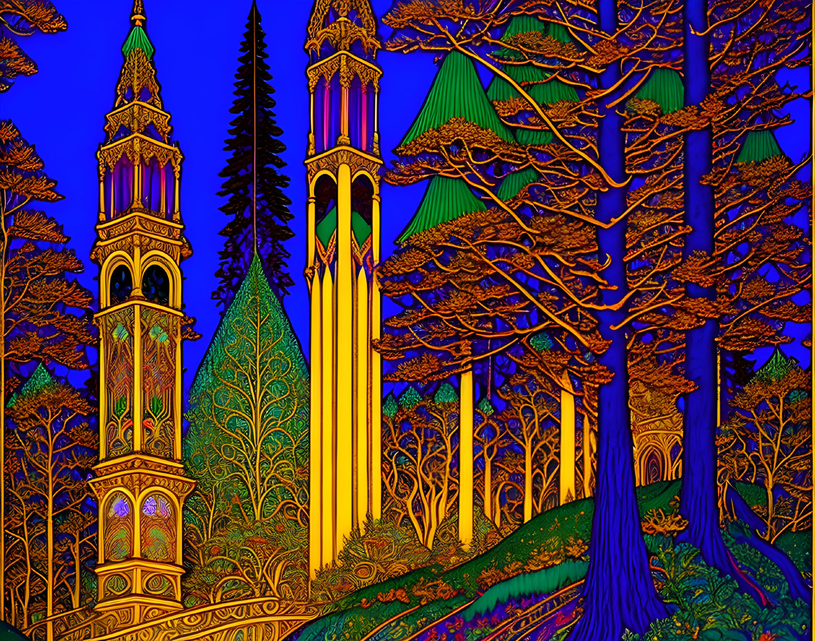 Colorful Stained Glass-Inspired Tower Illustration in Forest