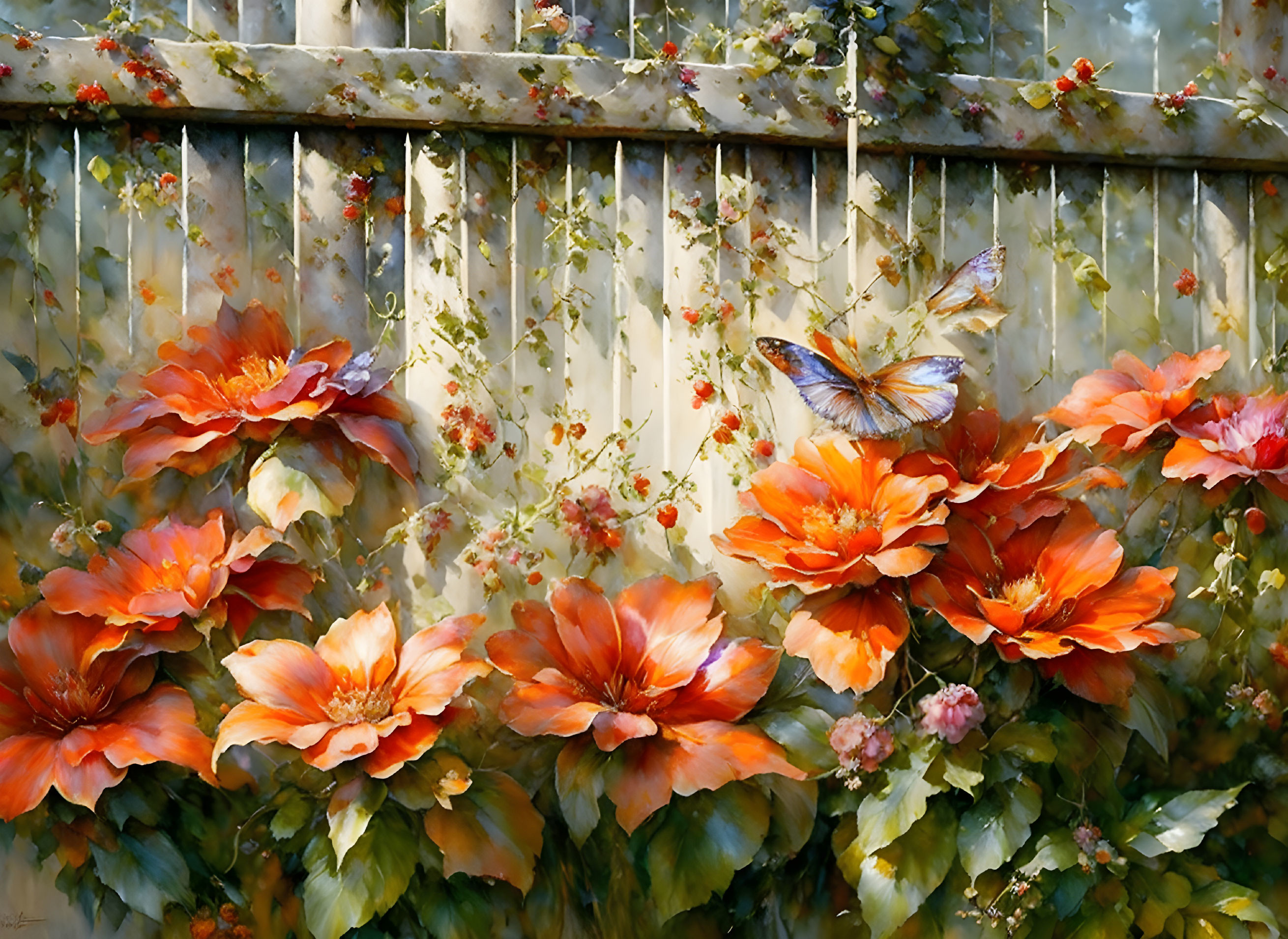 Orange Flowers and Butterflies with Sunlit Ivy Fence