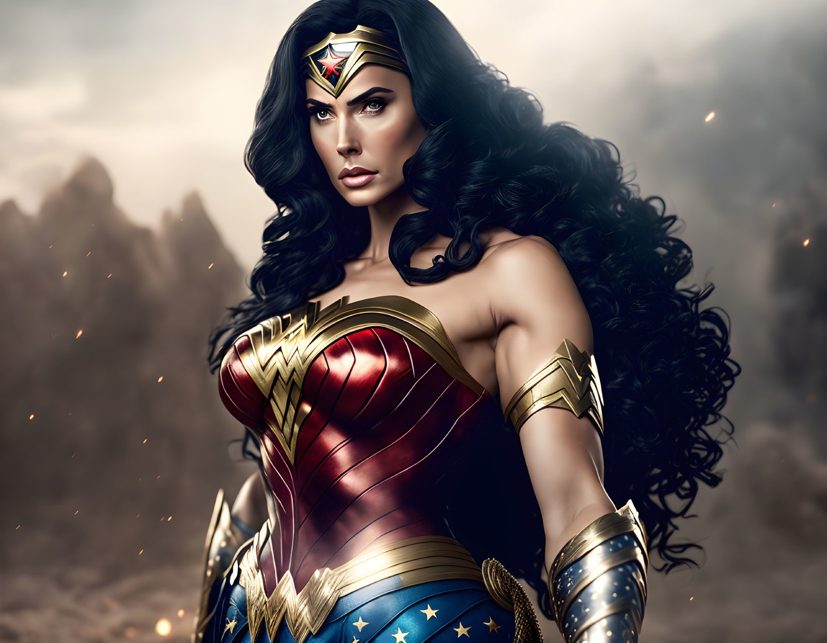 Digital Art Image: Wonder Woman in Iconic Costume with Intense Eyes