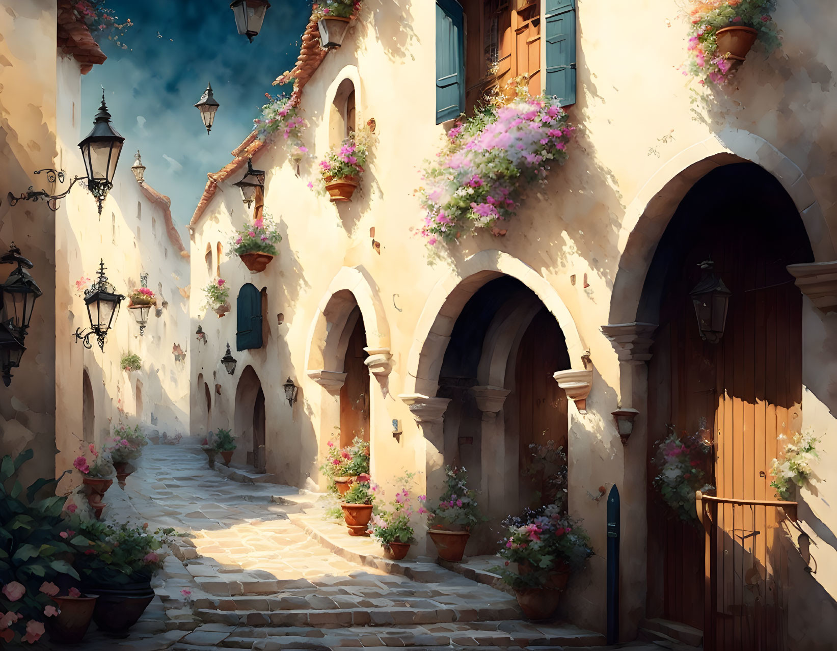 Historic cobblestone street with arched doorways and vibrant flowers