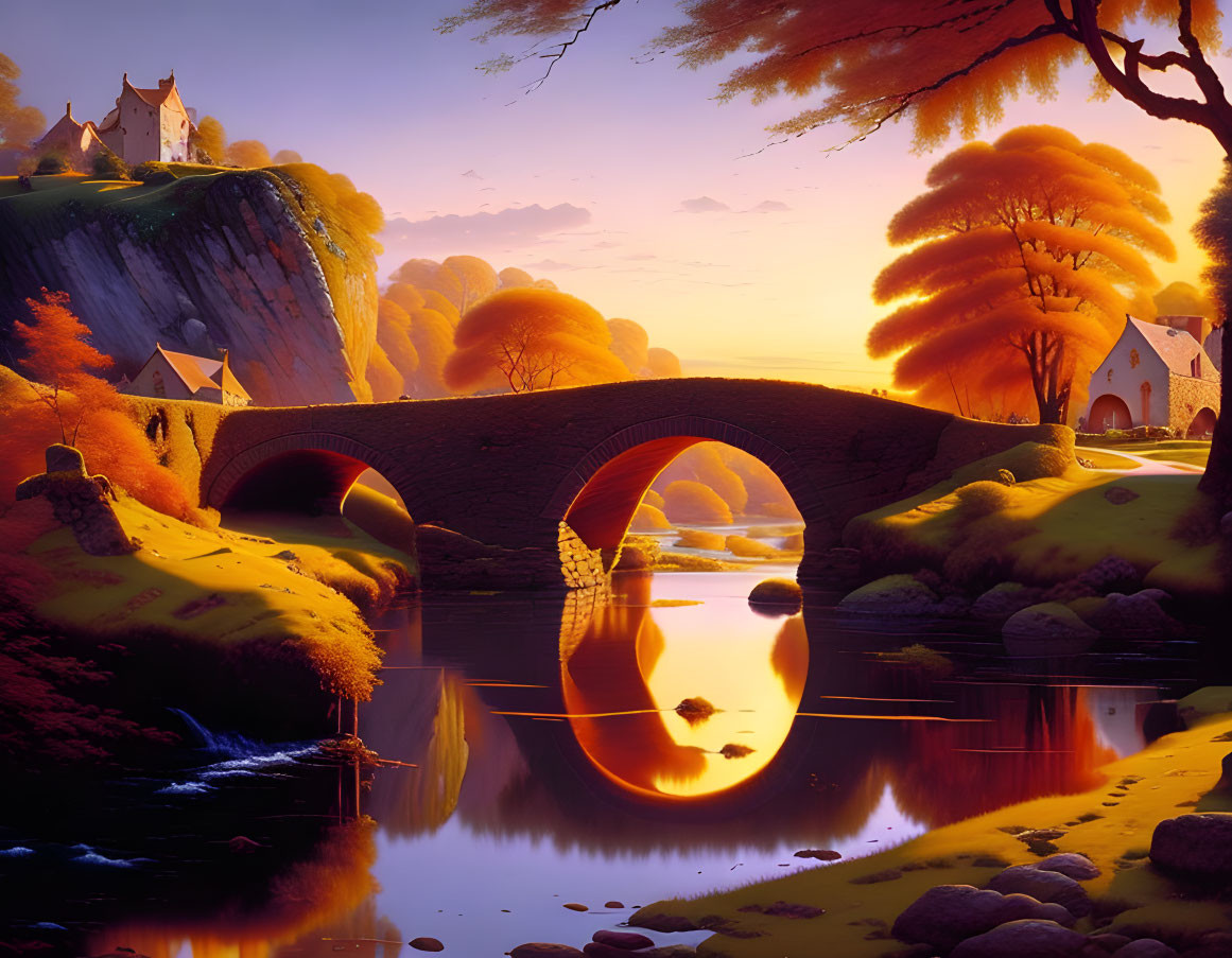 Tranquil sunset fantasy landscape with stone bridge, river, colorful trees, and quaint houses