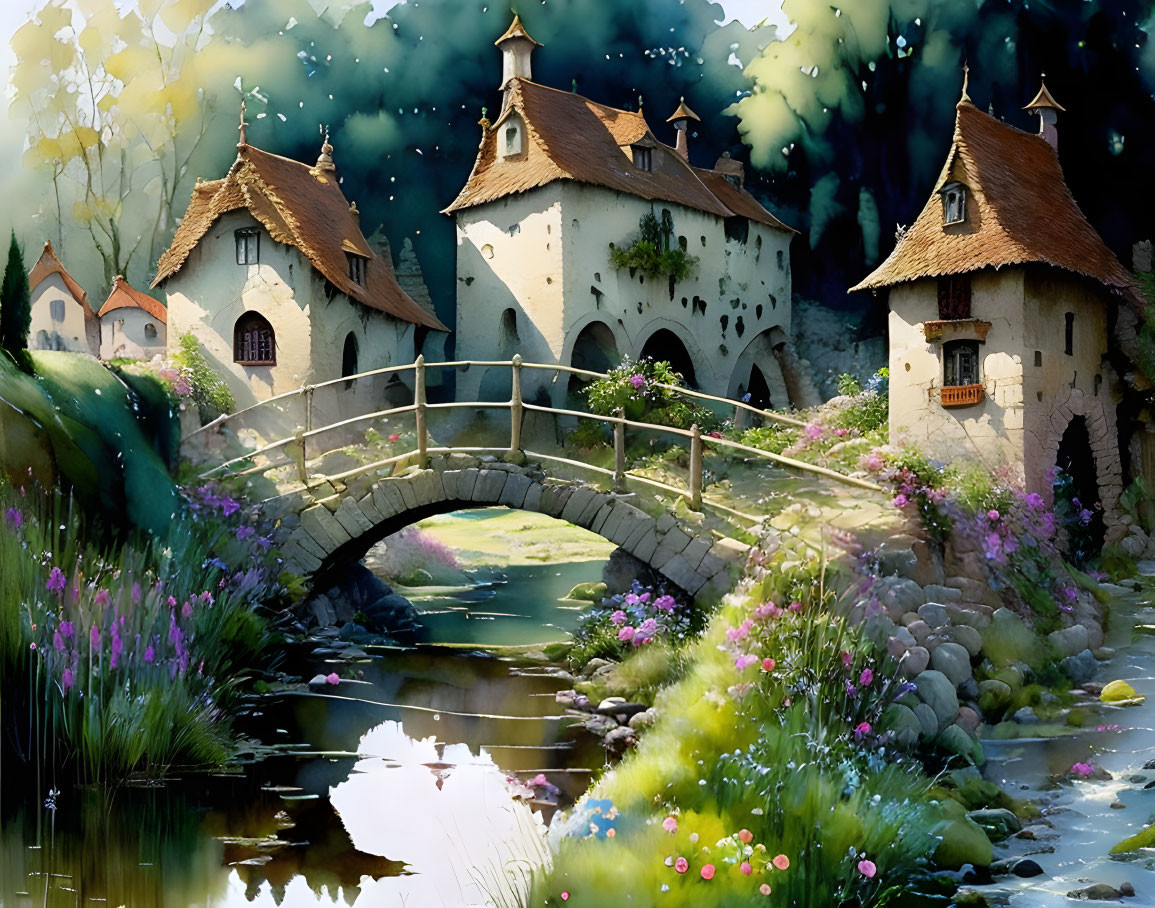 Tranquil Fantasy Village with Stone Bridge and Cottages