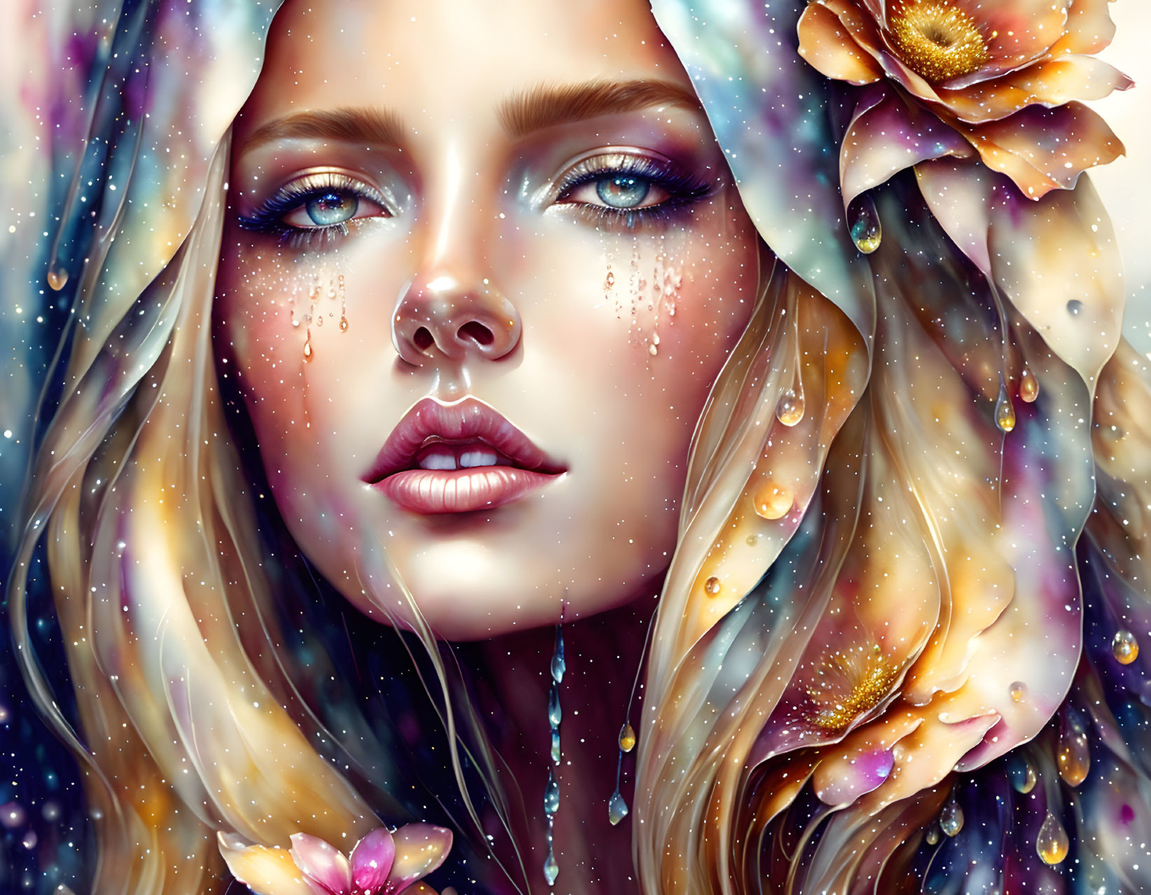 Digital artwork featuring woman with flawless skin and blue eyes in floral hood, surrounded by falling petals and shimmer