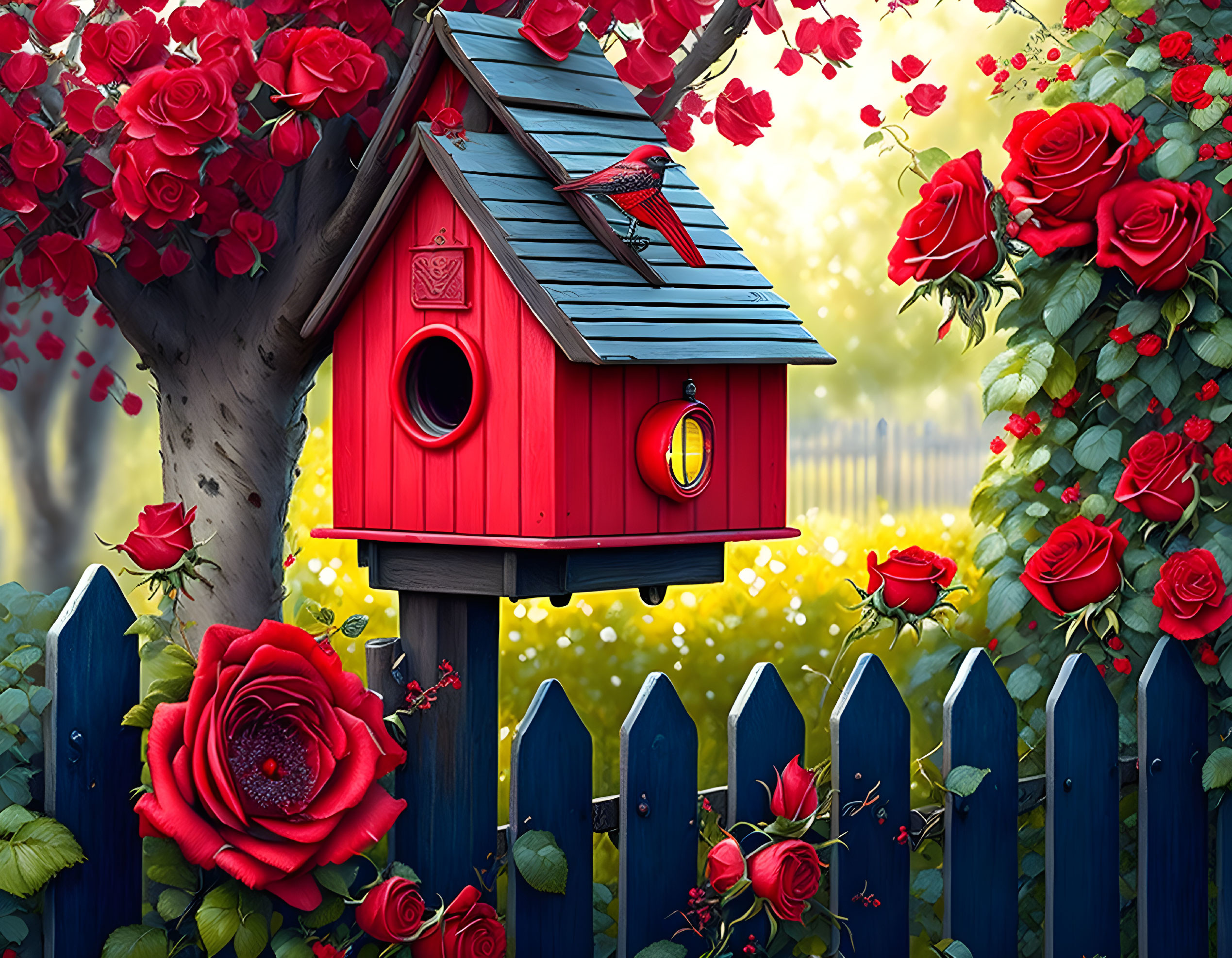 Red birdhouse with lantern, roses, blue fence, misty backdrop