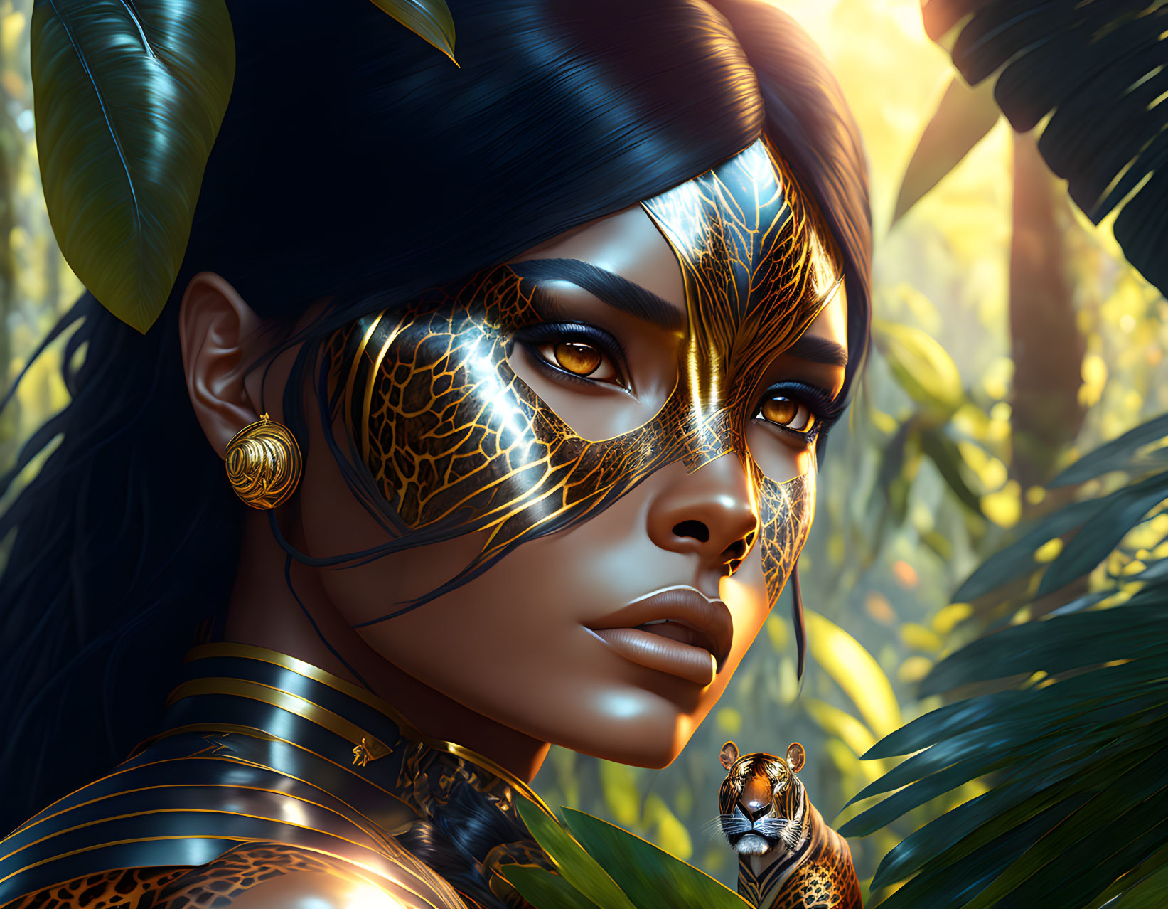 Digital artwork featuring woman with fierce eyes and tiger-like markings, adorned in gold jewelry, with a lurking