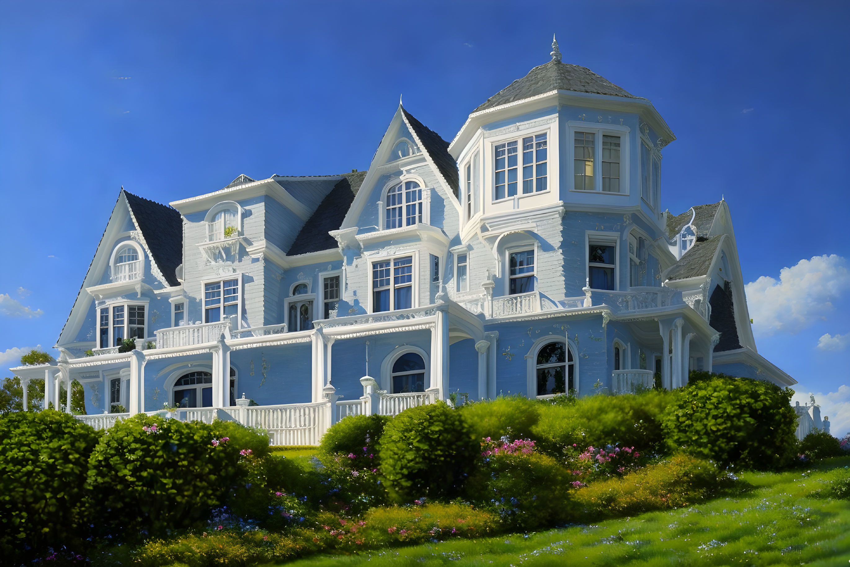 Victorian-style Blue House with White Trim and Wraparound Porch