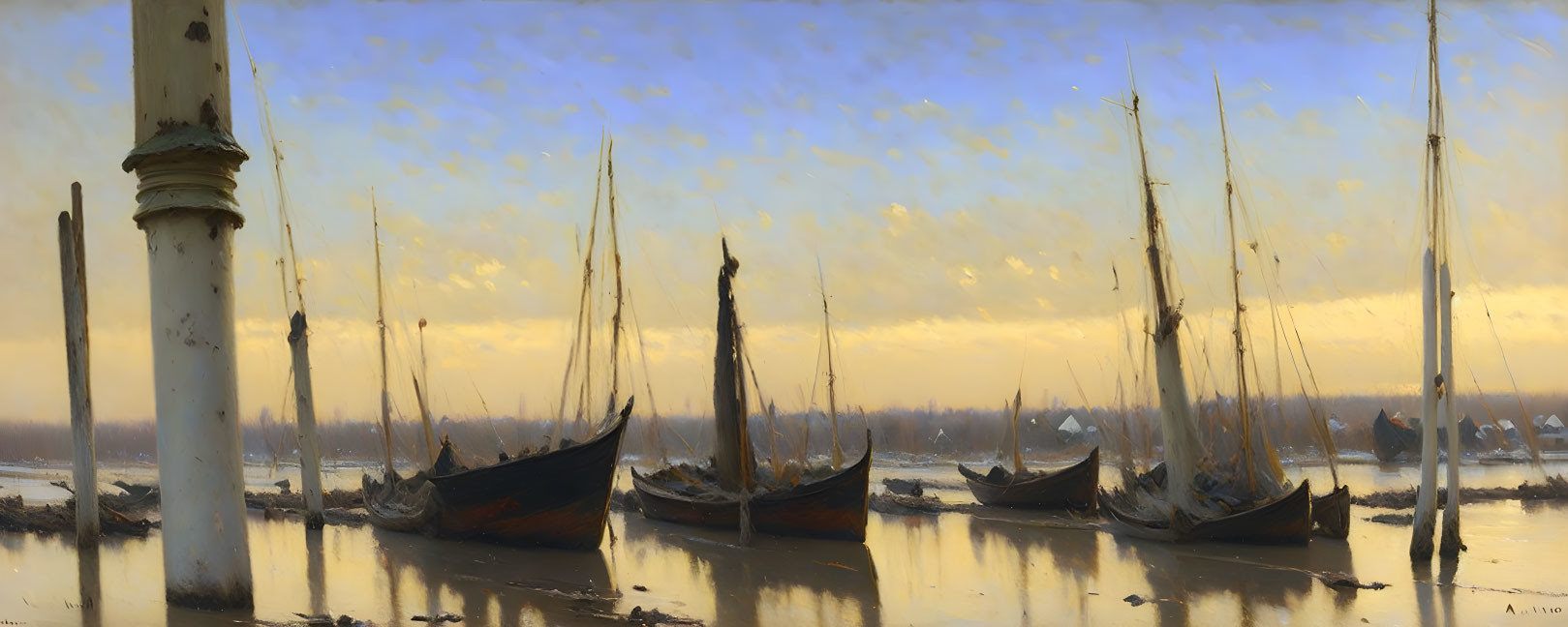 Panoramic oil painting of sailboats on tranquil river at sunset