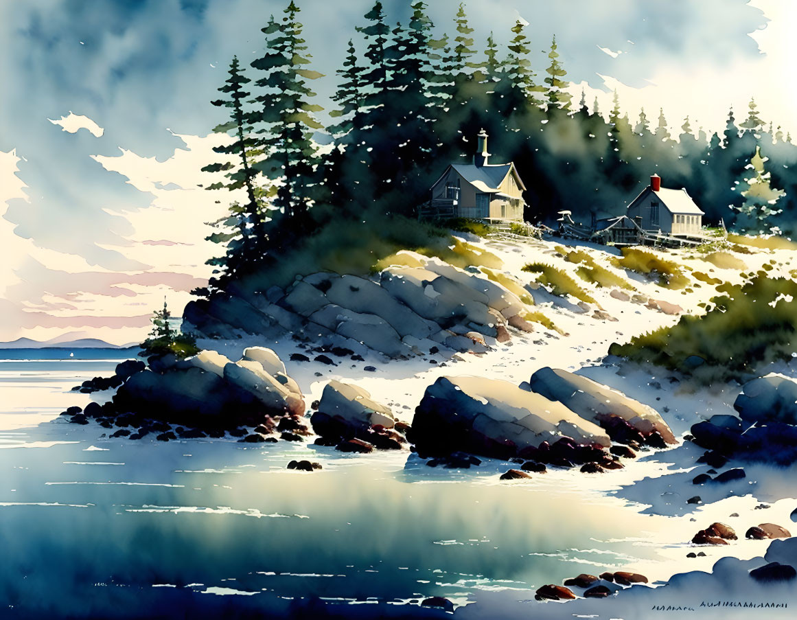 Tranquil coastal landscape with house, pine trees, calm waters, and rocky shores