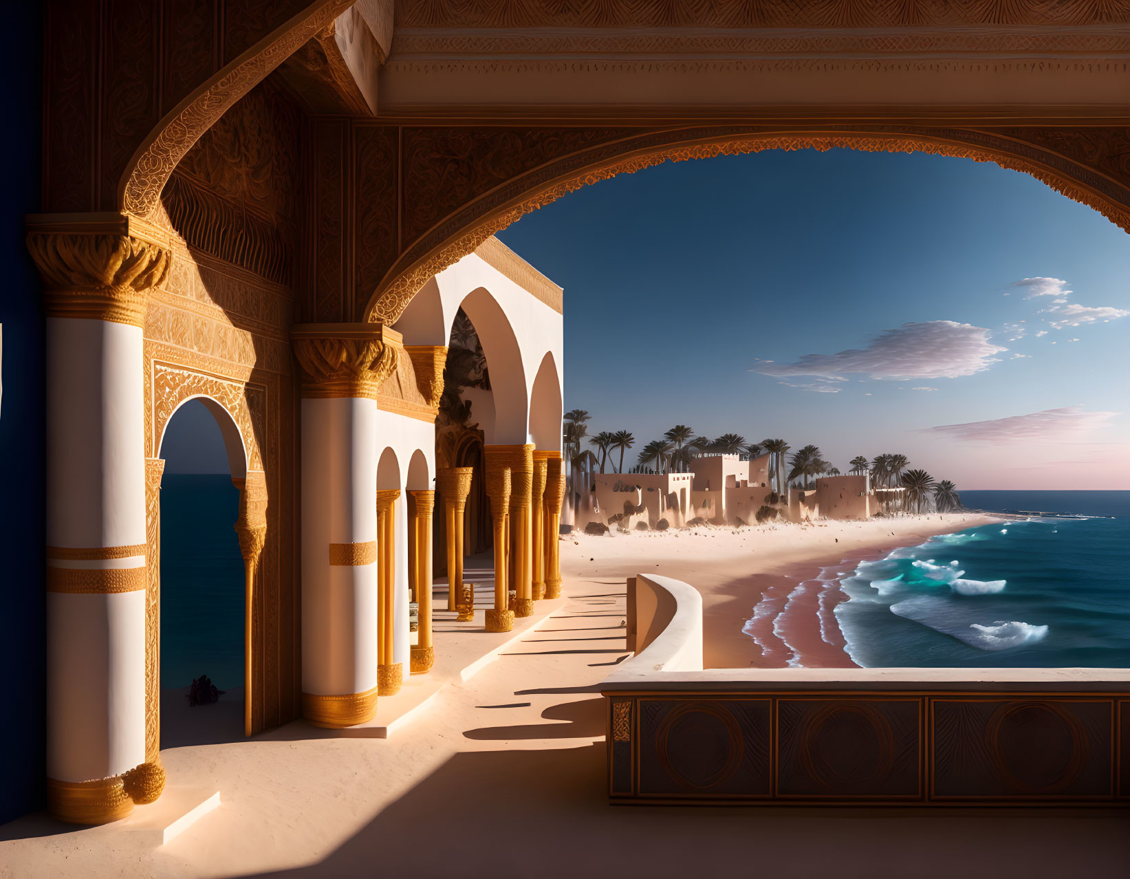 Ornate hallway with arches overlooking serene beach at sunset