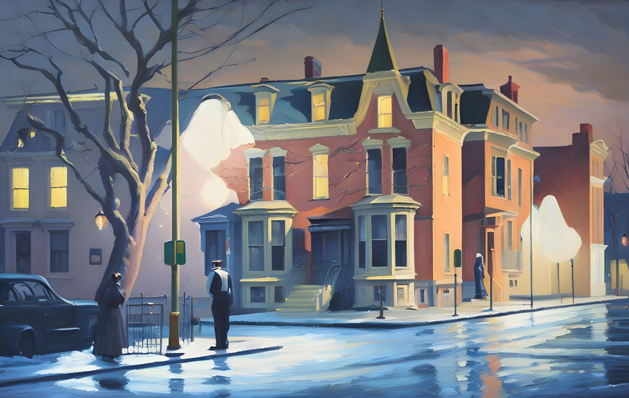 Snow-covered streets with vintage houses, car, and figures under streetlight glow