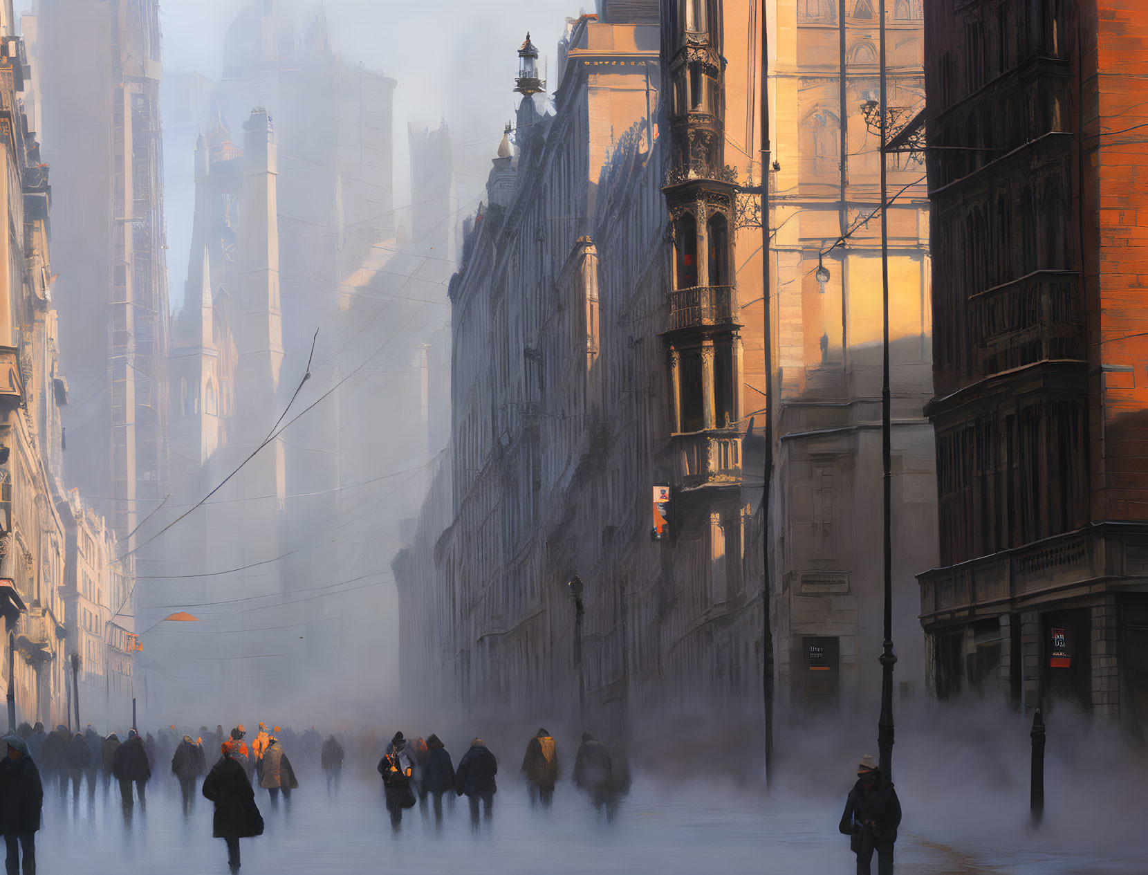 Misty urban street at sunset with gothic architecture and silhouettes