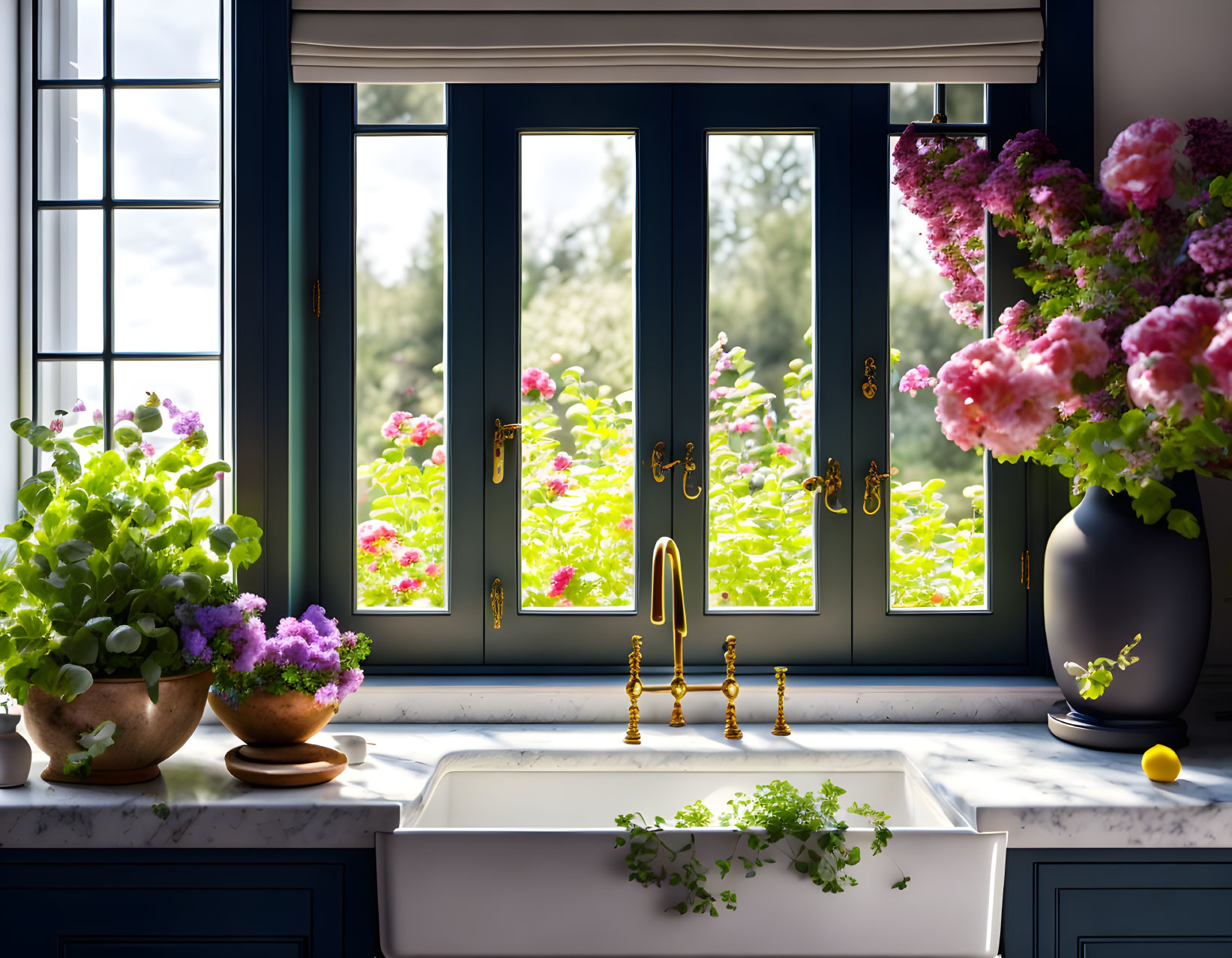 Bright kitchen with garden view, gold fixtures, navy cabinets