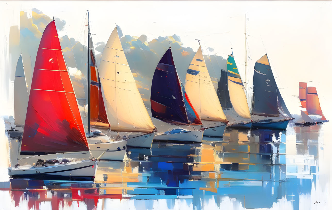 Colorful Sailboats Reflecting on Water Under Hazy Sky