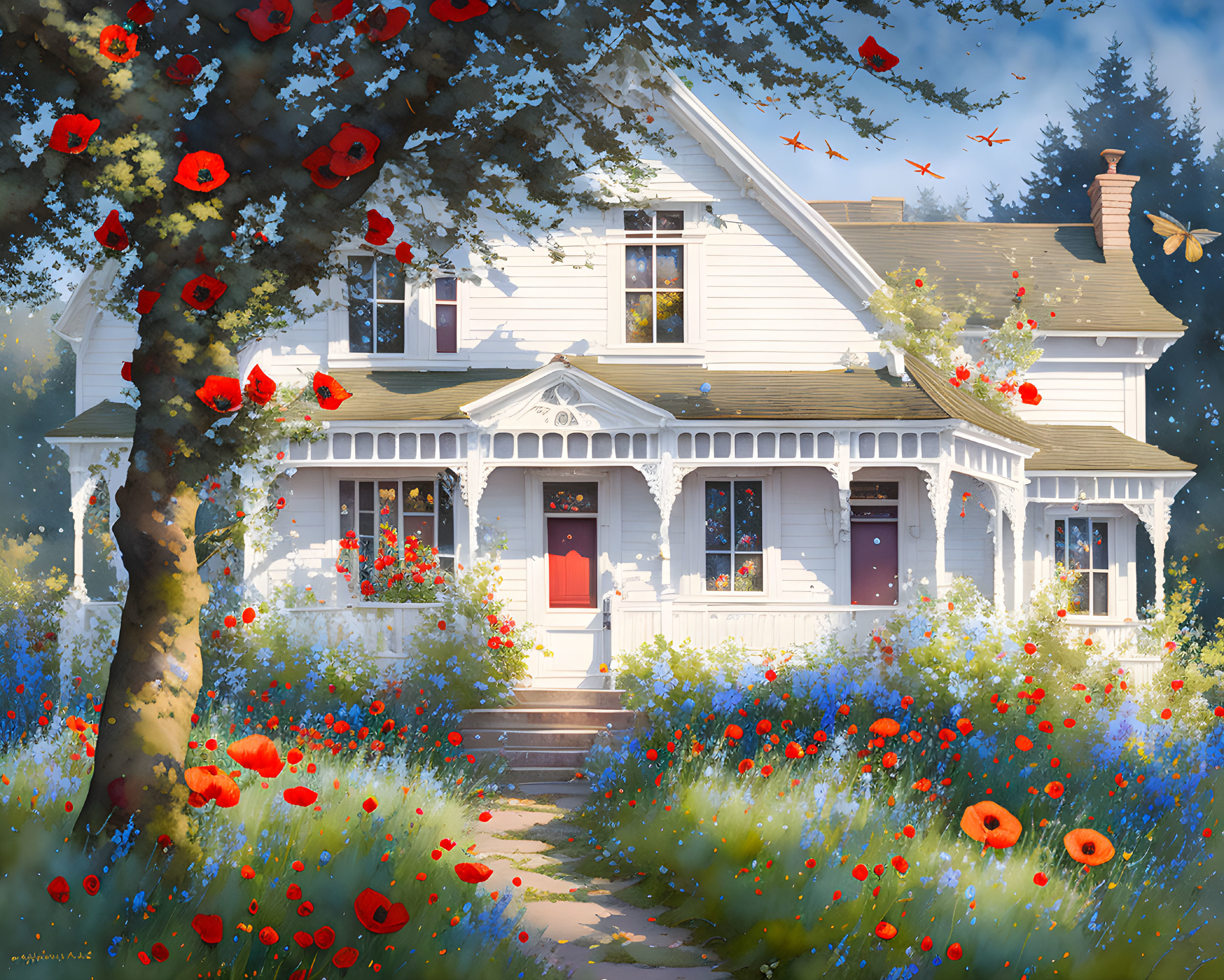 White house with red door in lush garden with poppies under sunlight.