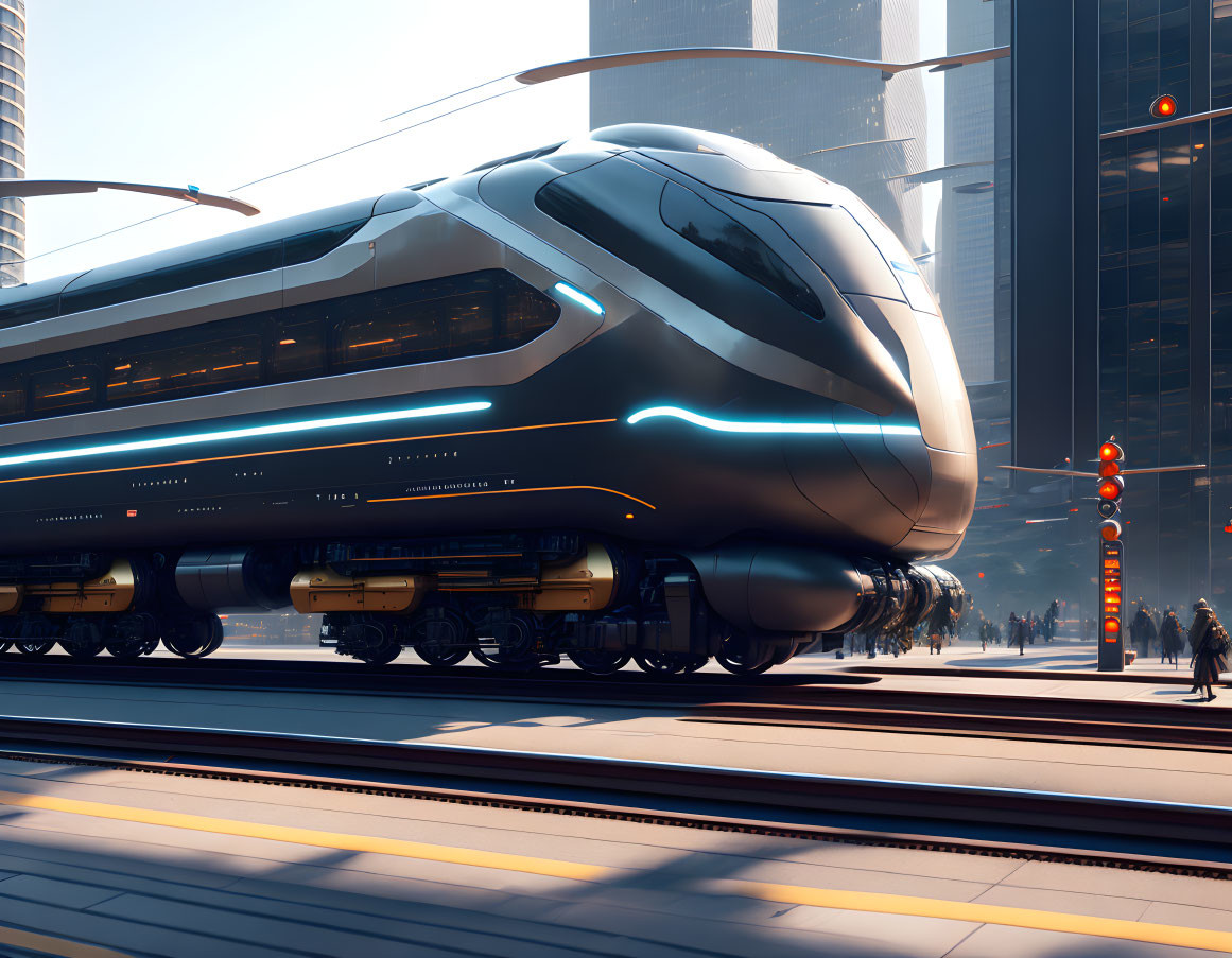 Sleek futuristic train in urban setting with blue lighting and skyscrapers