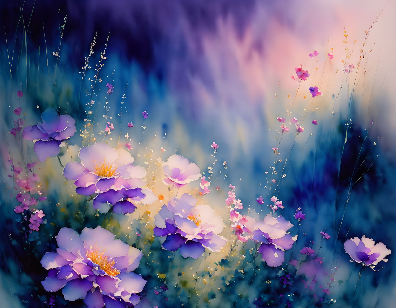 Artwork: Dreamy Blue and Purple Background with Pink and Purple Flowers