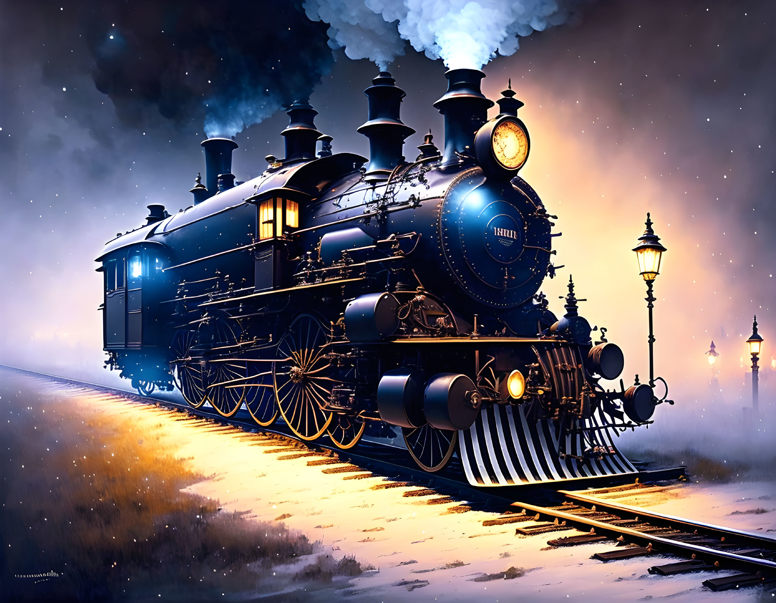 Vintage steam locomotive at dusk with glowing lights and billowing steam under starry sky