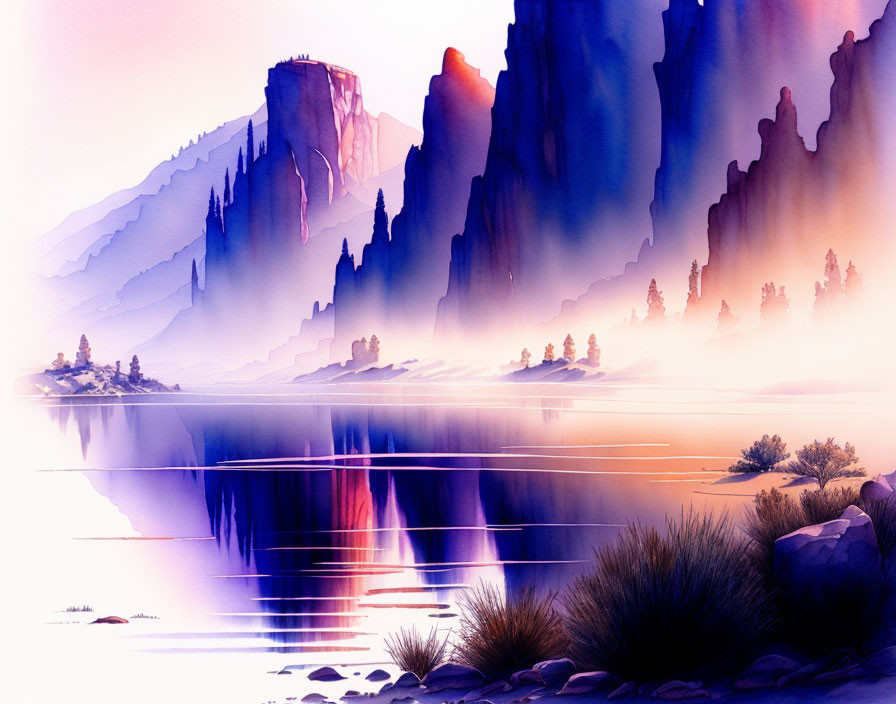 Serene landscape with misty mountains, reflective lake, and silhouetted cliffs